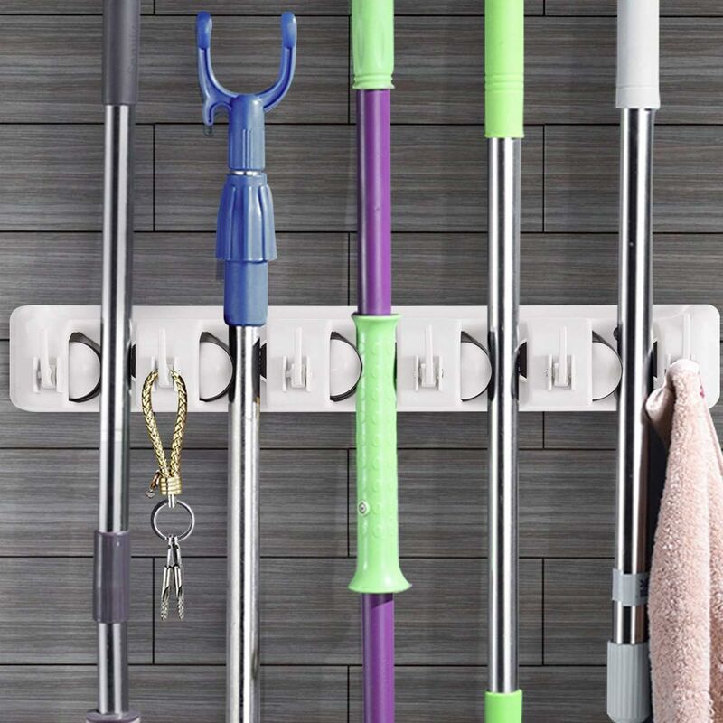 Wall Mounted Broom Holder With 5 Slots And 6 Hooks