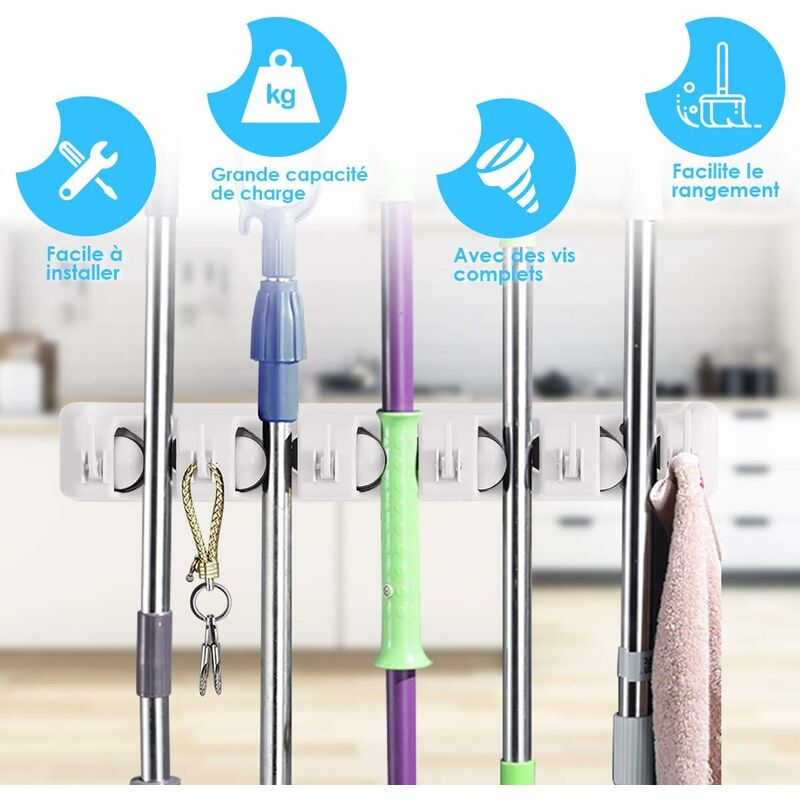 Wall Mounted Broom Holder With 5 Slots And 6 Hooks