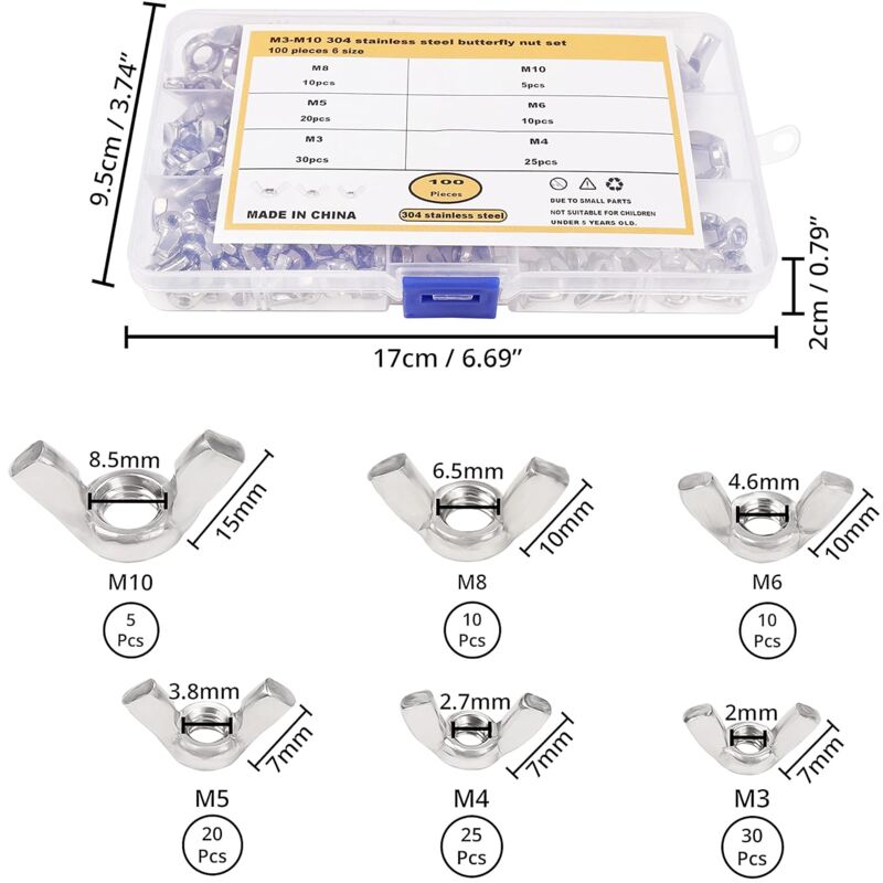 Wing Nut Assortment (100 Pieces) - Sizes M3, M4, M5, M6, M8 And M10 - 304 Stainless Steel Fastener Screws - Silver Wing