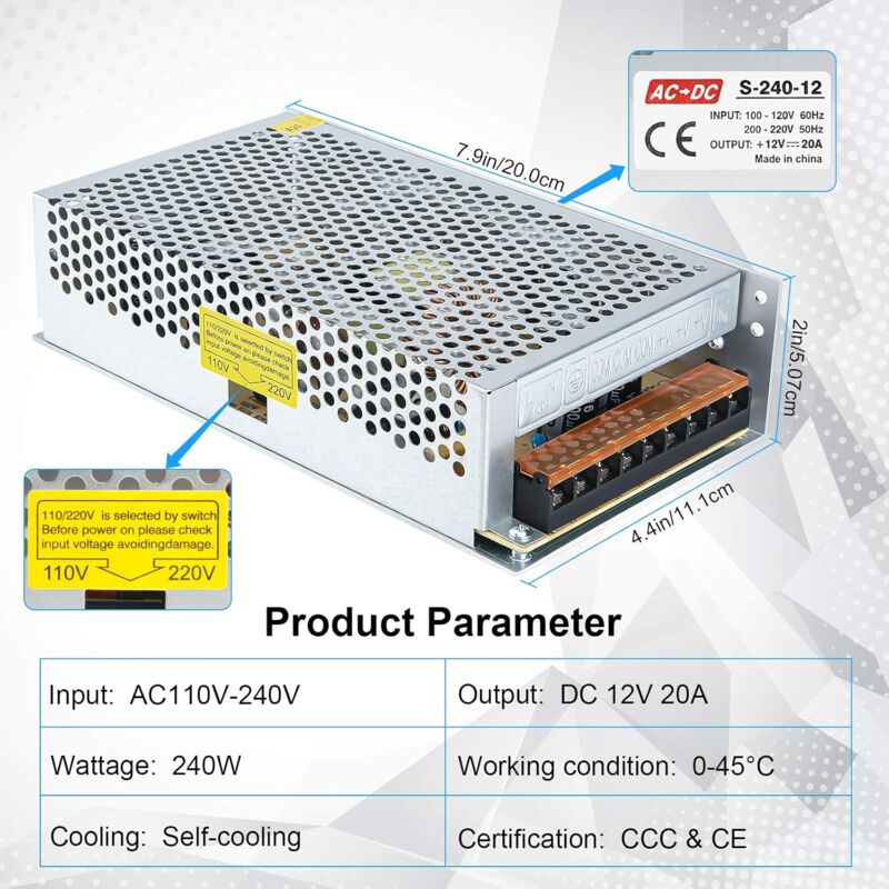 Switching Power Supply 12V 20A LED Transformer 240W Switching Power Supply Ac 110V / 240V Dc 12V Switching Converter
