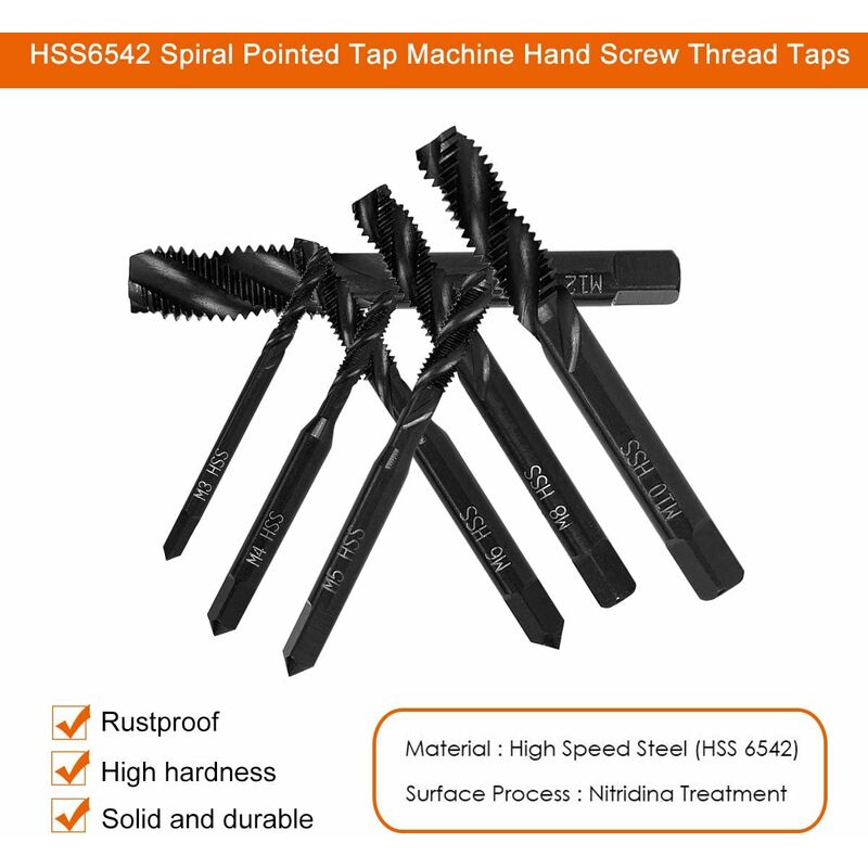 7 pcs Nitride Spiral Point Thread Taps, Hss 6542 Metric Machine Taper Shank Thread Tapping Tool M3 M4 M5 M6 M8 M10 M12