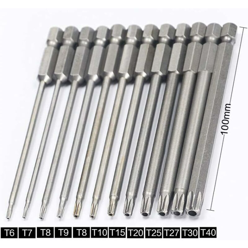 11 Piece Long Torx Screwdriver Bit Set - Magnetic Bits - 1/4" Hex Shank - Sizes T6 To T40 - 100Mm Length