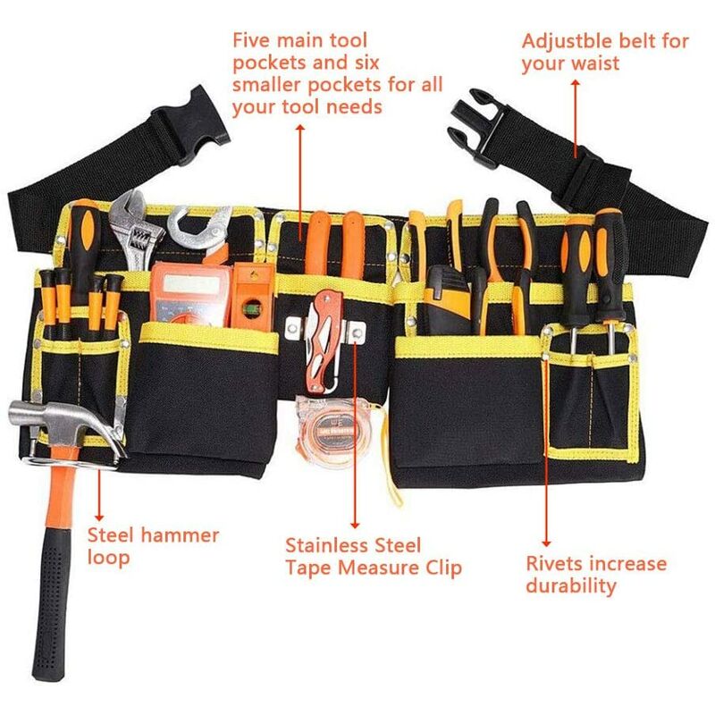 Tool Belt With 11 Pockets, Waterproof Oxford Fabric