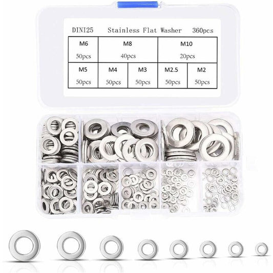 S/S Flat Washers Assortment Kit, M2.5 M3 M4 M5 M6 M8 M10 M12 Metal