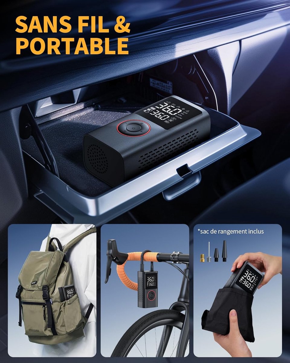 Bicycle Pump - Electric Bicycle Pump - Bicycle Pumps - Cordless Car Tire Pump - 150 PSI Portable Air Compressor - with Auto Shut-Off and LED Light - Electric Bicycle Pump for Car, Motorcycle, Bicycle, Ball Sports