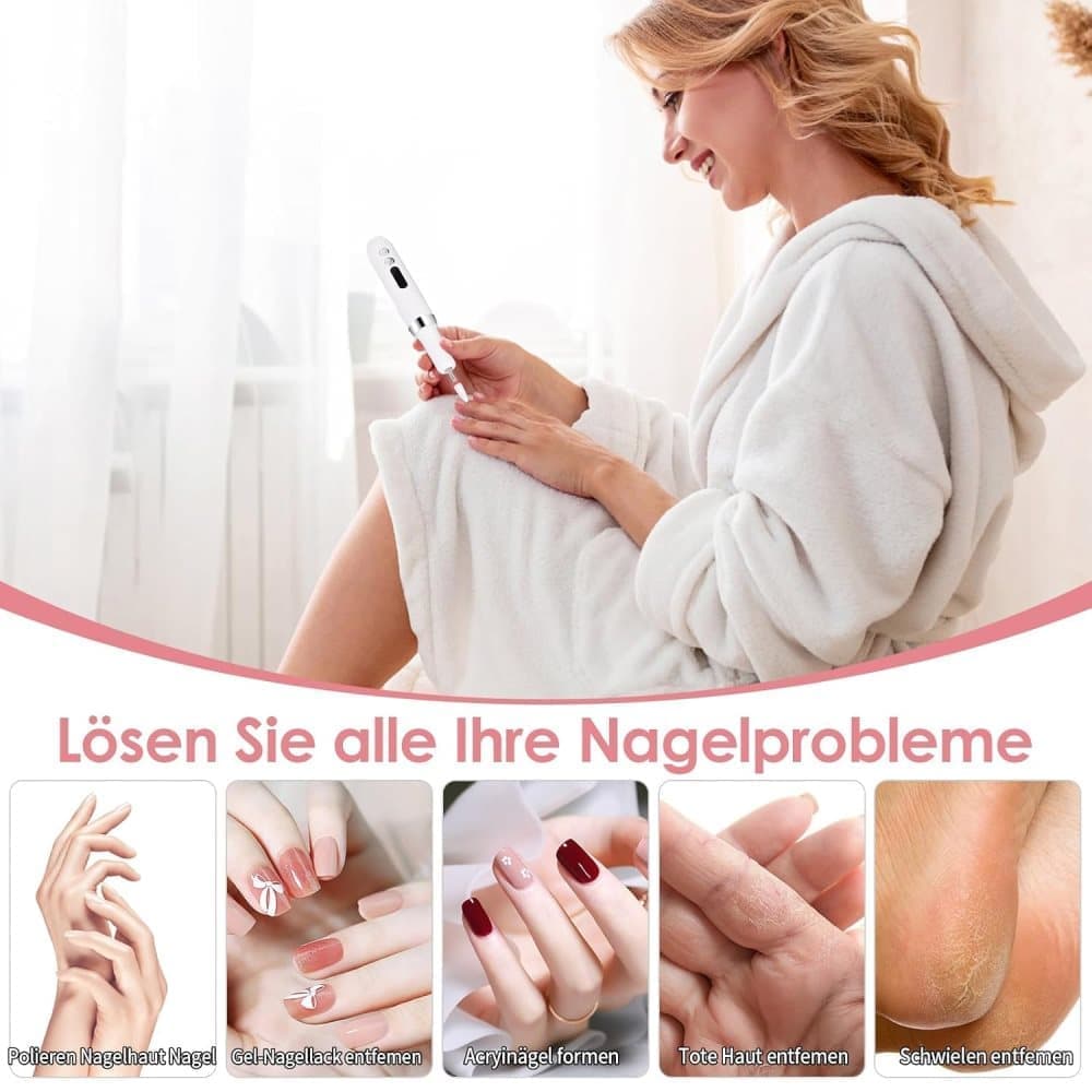 Electric Nail File Rechargeable with 12 Grinding Heads, Adjustable Speed 15000RPM, Pink