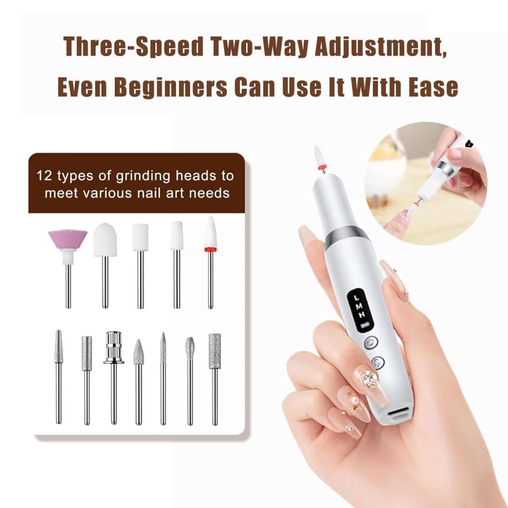 Electric Nail File Rechargeable with 12 Grinding Heads, Adjustable Speed 15000RPM, Pink