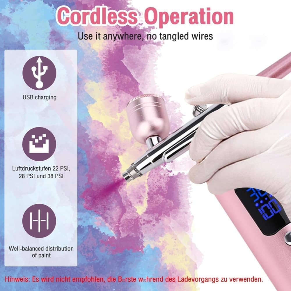 Wireless Airbrush Machine with USB Charging 3 Speed Modes for Nail Art Cake Decorating and Painting, Pink