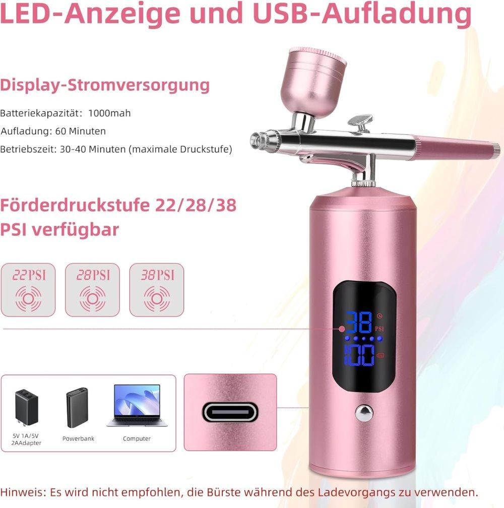Wireless Airbrush Machine with USB Charging 3 Speed Modes for Nail Art Cake Decorating and Painting, Pink