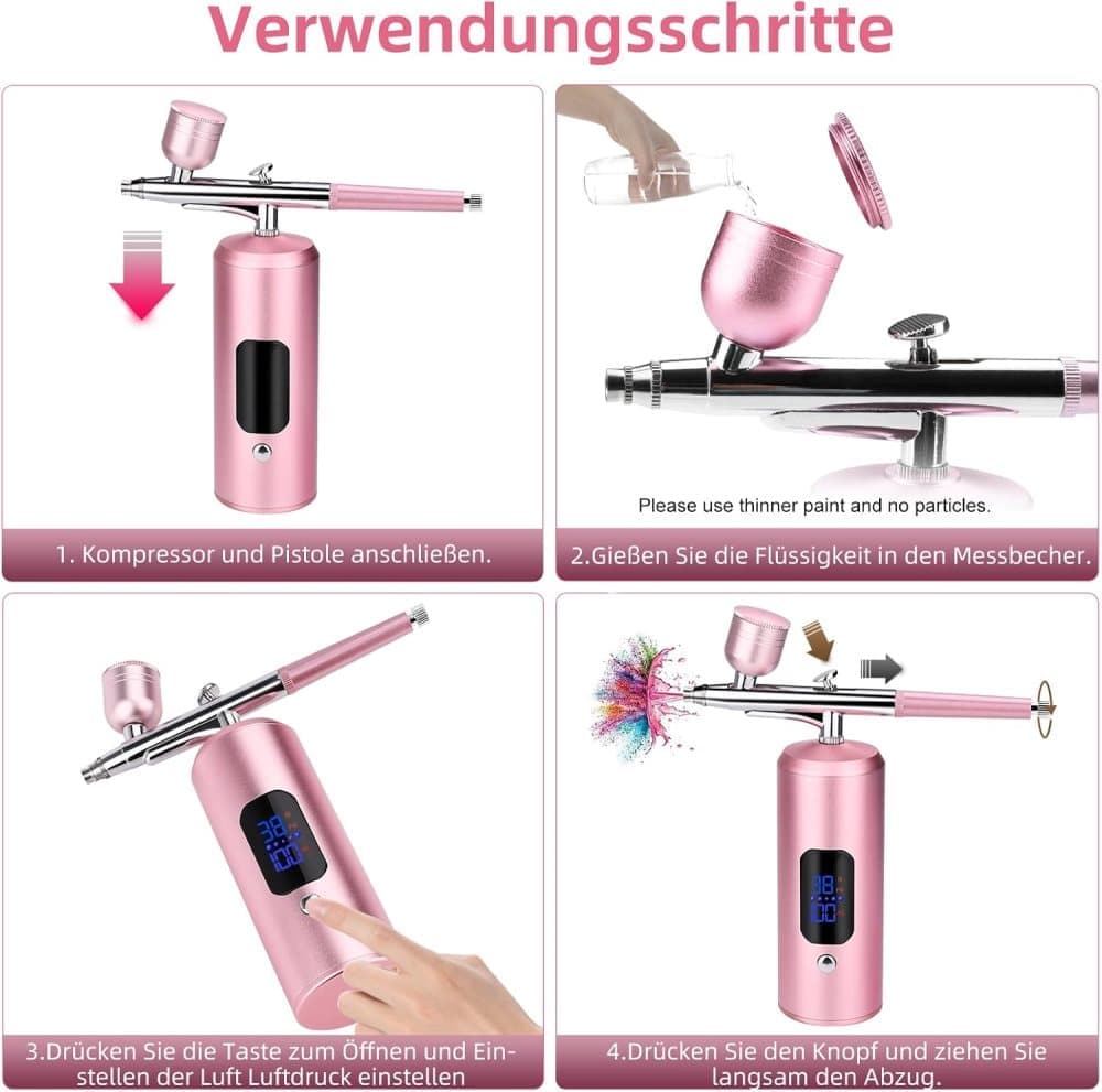 Wireless Airbrush Machine with USB Charging 3 Speed Modes for Nail Art Cake Decorating and Painting, Pink