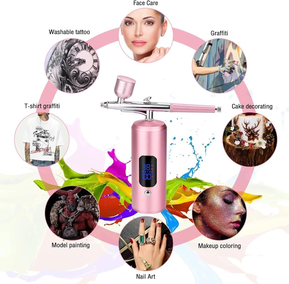 Wireless Airbrush Machine with USB Charging 3 Speed Modes for Nail Art Cake Decorating and Painting, Pink