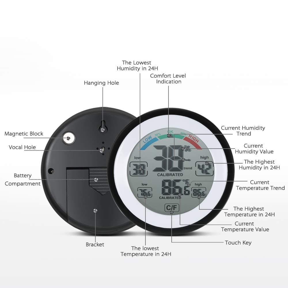 Digital Thermometer Hygrometer Indoor Outdoor Wireless Touch Screen Waterproof, for Bathroom Kitchen Children's Room Home Office
