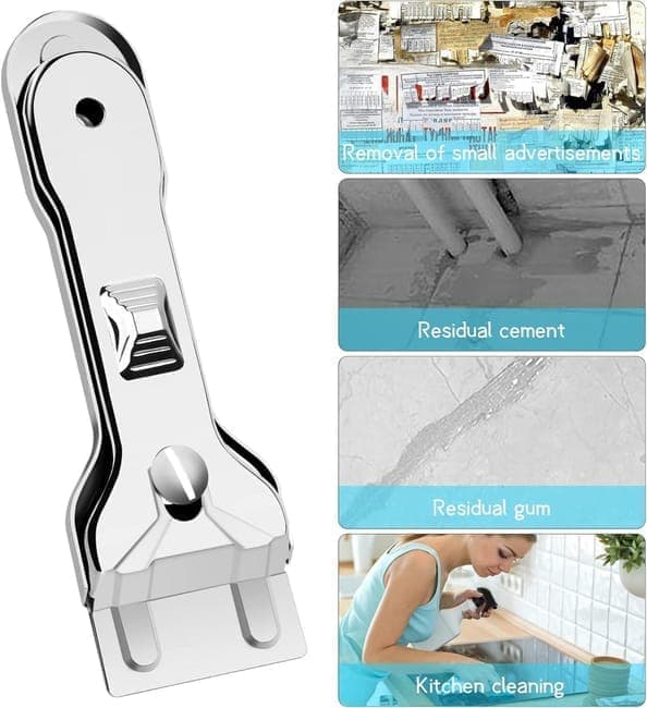 Glass scraper with 5 replaceable blades for effective cleaning, compatible with glass hobs