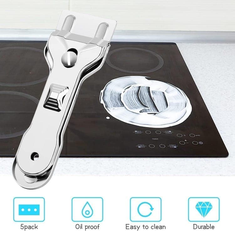 Glass scraper with 5 replaceable blades for effective cleaning, compatible with glass hobs