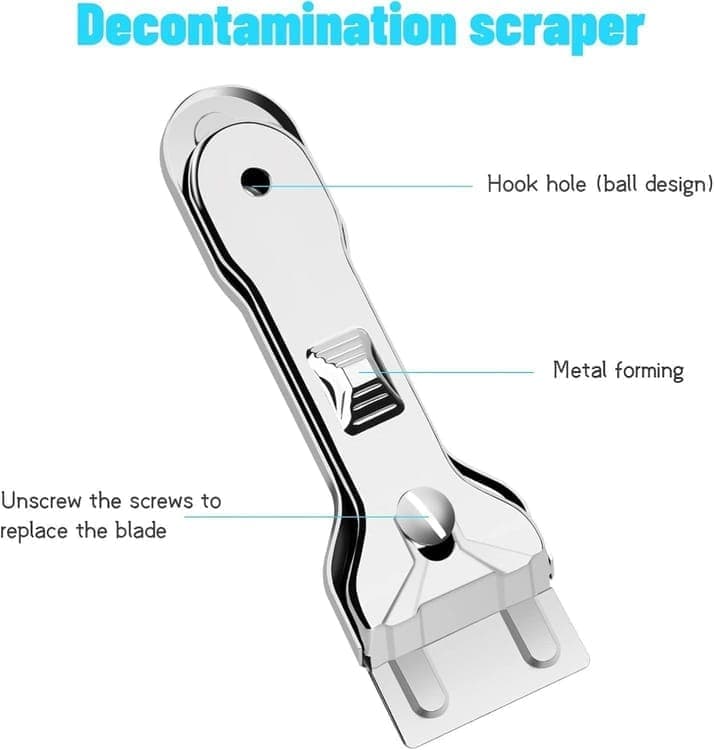 Glass scraper with 5 replaceable blades for effective cleaning, compatible with glass hobs