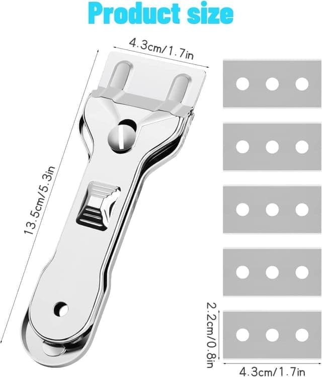 Glass scraper with 5 replaceable blades for effective cleaning, compatible with glass hobs