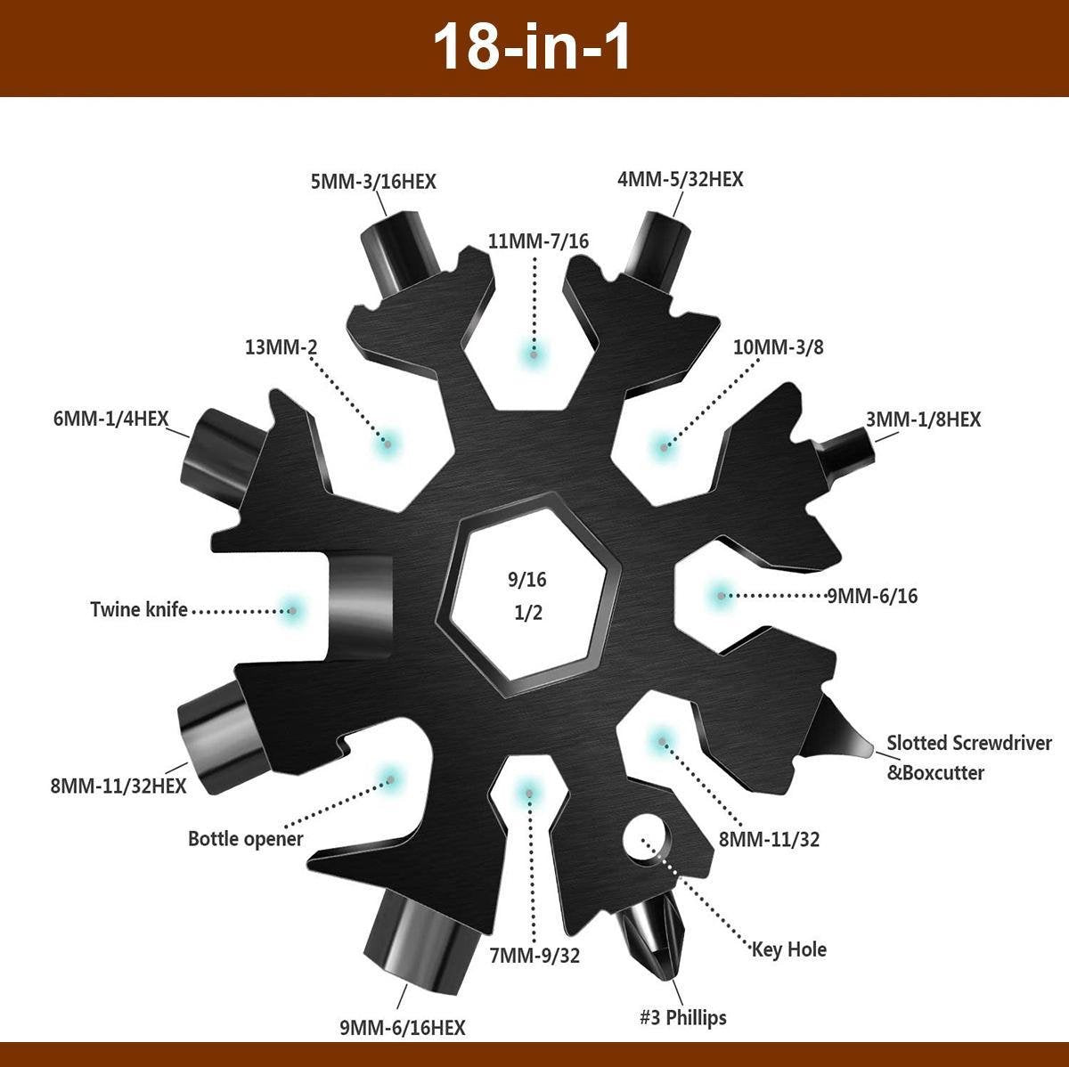 18-in-1 Snowflake Multitool - Ring Wrench - Allen Wrench - Screwdriver - Bottle Opener - Knife - Snowflake - Father's Day Gift Tip - Pearlescent / Colorful
