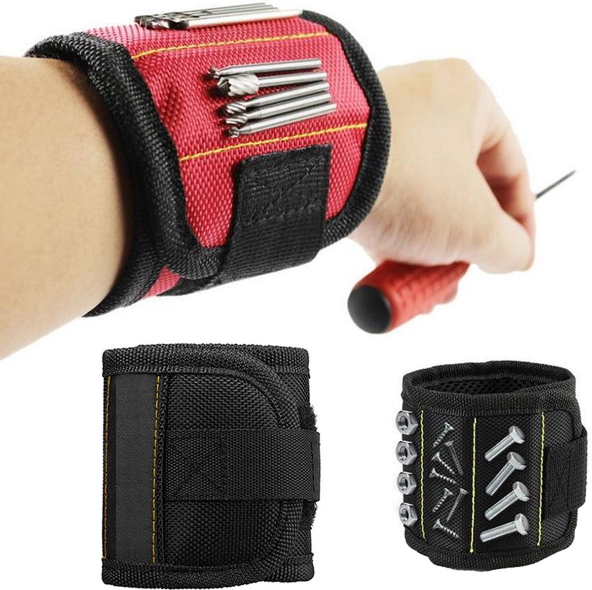 Magnetic Bracelet With 3 Magnetic Pockets | Wrist Tool Belt | Screw Wristband | DIY Bracelet | One Size | Black
