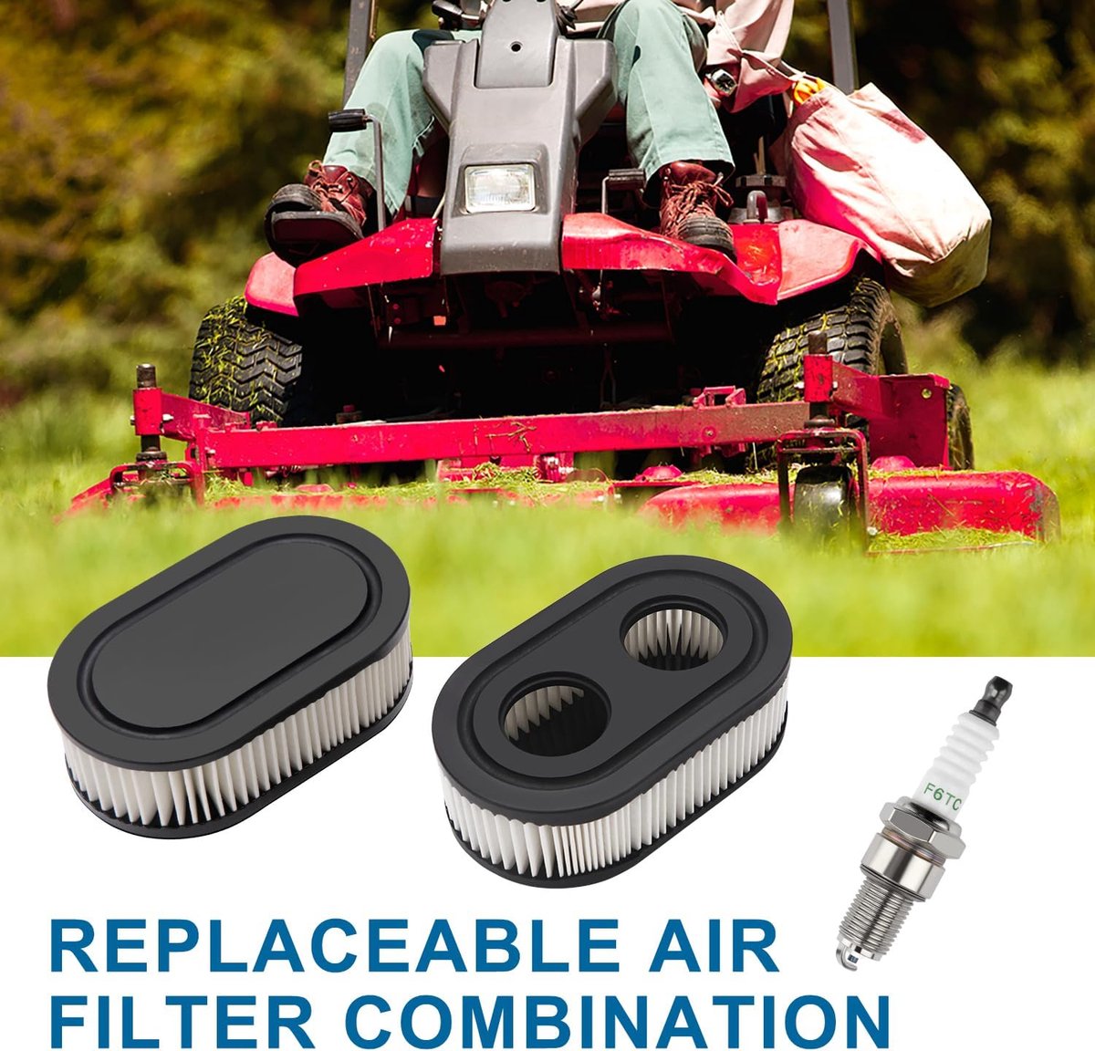 Lawn Mower Air Filter And 1x Spark Plug - Air Filter for Lawn Mowers - Air Filter Cleaner Cartridge - Air Filter Cartridge Replacement for 593260 Walk-Behind Mower, Compatible with Briggs & Stratton Engines 798452 - 593260/798452