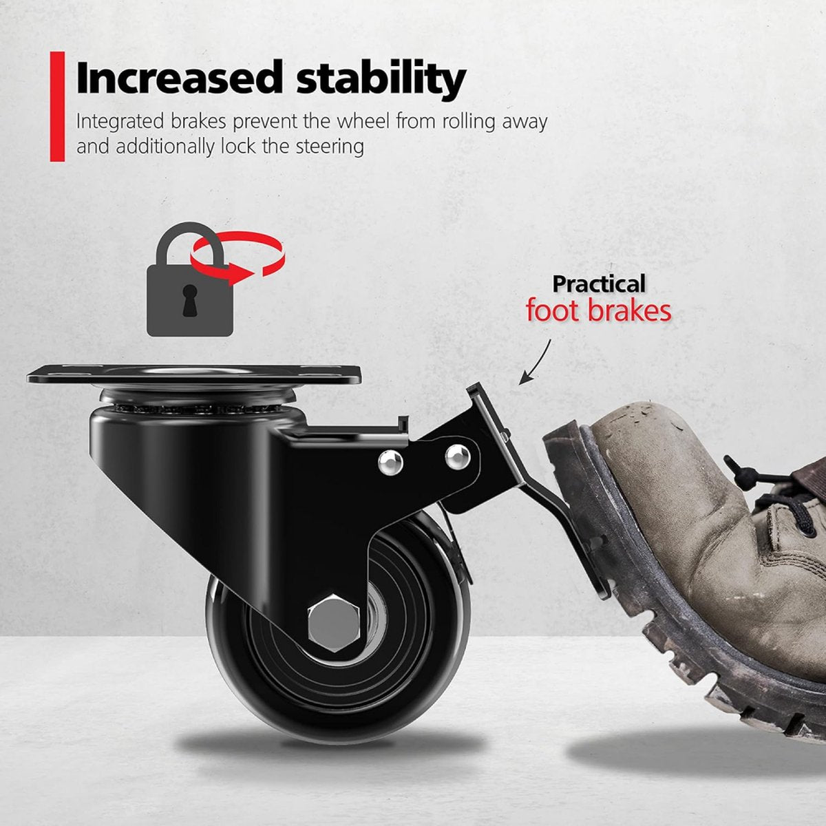 Heavy-Duty Swivel Casters with Brakes - Set of 4 - 50 mm up to 200 kg