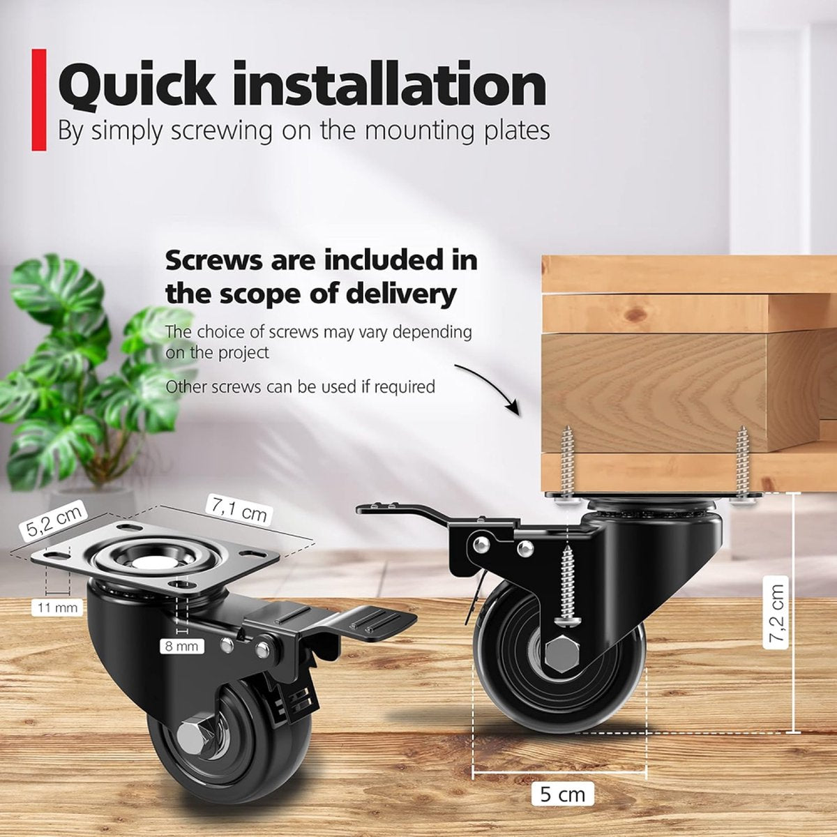 Heavy-Duty Swivel Casters with Brakes - Set of 4 - 50 mm up to 200 kg