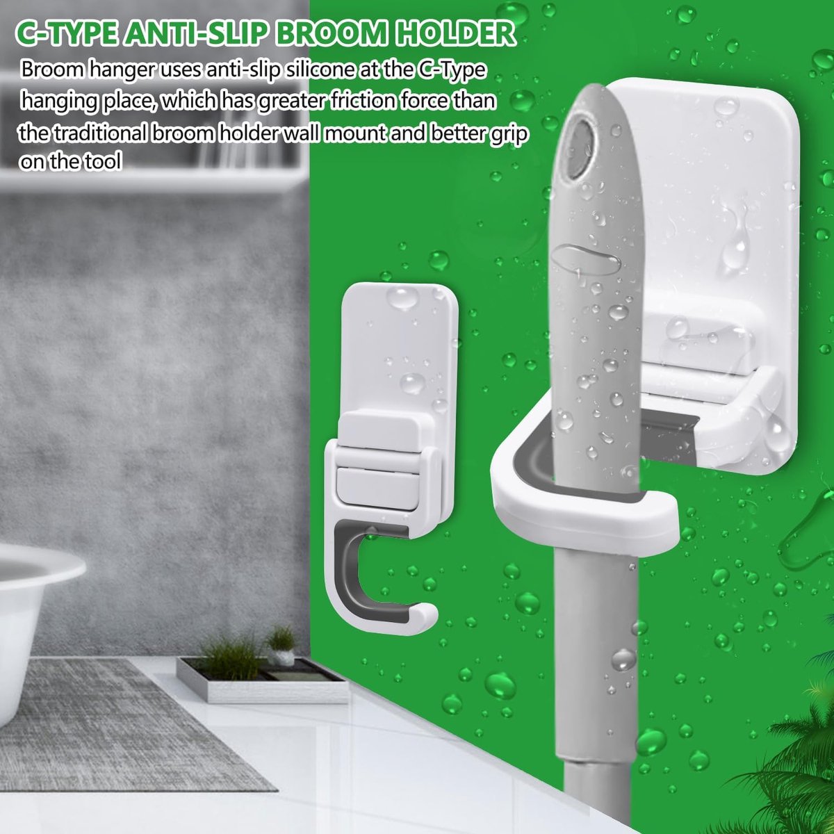 Broom Hanging System - 4 Pieces - Broom Holder - Broom Holder System - Mop Holder - No Drilling Required - Self-Adhesive Mop Holder - Tool Holder - Wall Mounting - Bathroom Accessories - Kitchen Storage Rack - Garden Tools - For Mop and Broom - White