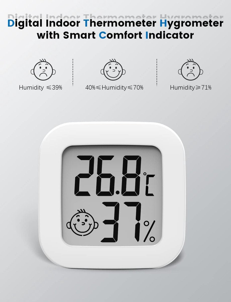Mini hygrometer - 4 pieces - Weather station - Thermometer - Humidity meter - Highly accurate temperature monitor - Indoor thermometer - Hygrometer - Thermo-hygrometer - Comfort level indicator - White