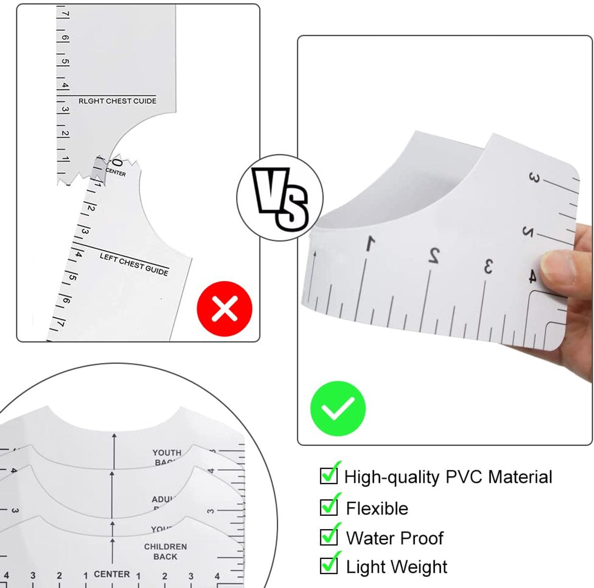 8 pieces - T-shirt ruler guide - with 1 soft measuring tape - T-shirt alignment tool - T-shirt alignment rulers - T-shirt rulers - for round neck and V-neck - sewing tools - white