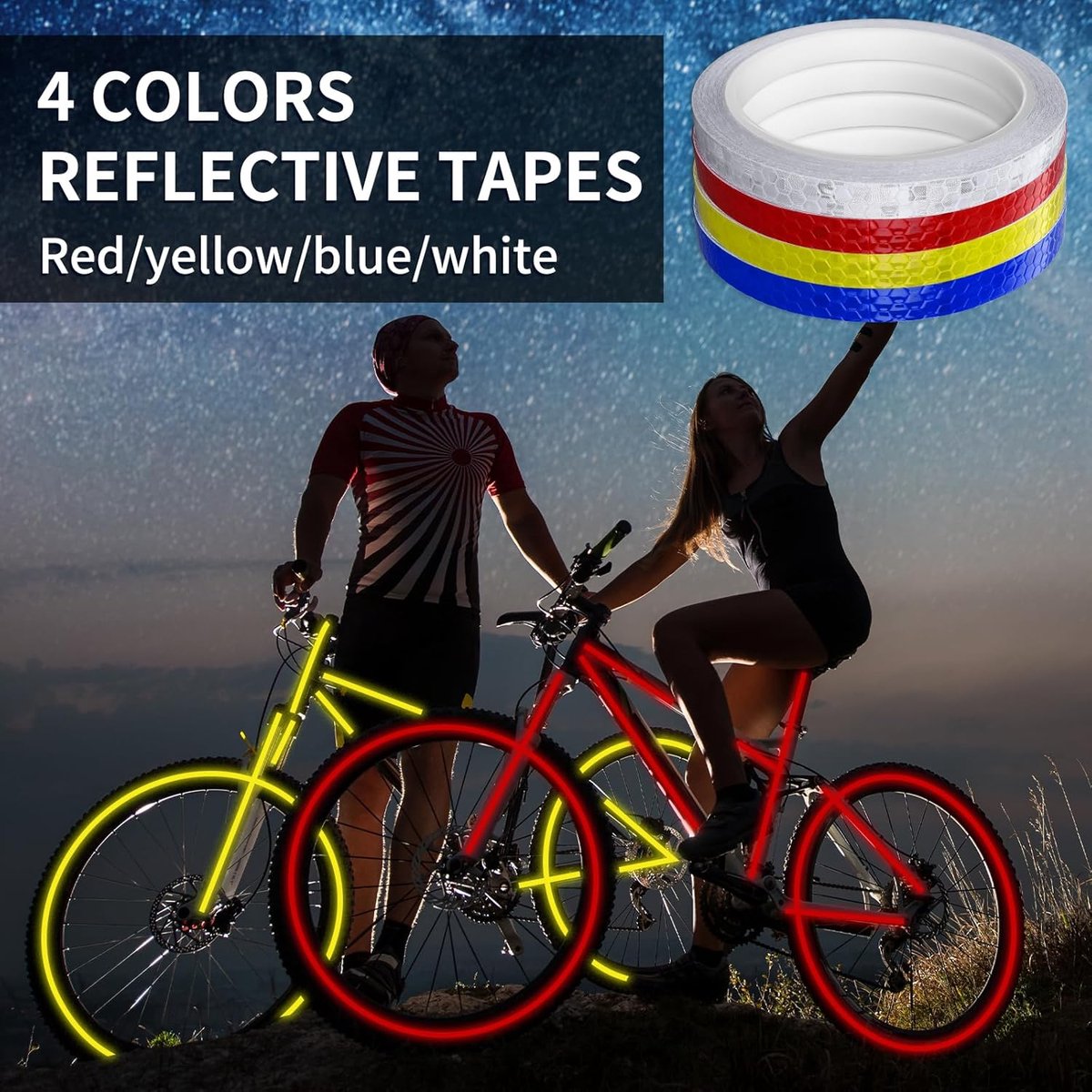 4 rolls - 1cm * 8m - Reflective tape - self-adhesive safety markings - reflective strips - reflective stickers - warning tape - for visibility - for vehicles and outdoor helmets - white, yellow, red, blue
