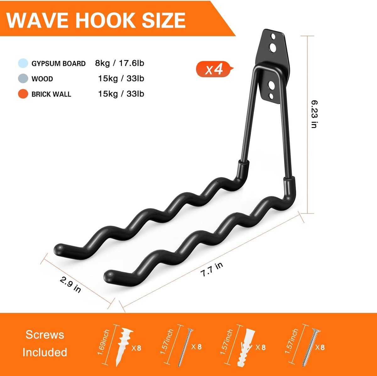 pieces - Heavy Duty Garage Hooks - Wave Long Hooks - Wall-Mounted Storage Rack