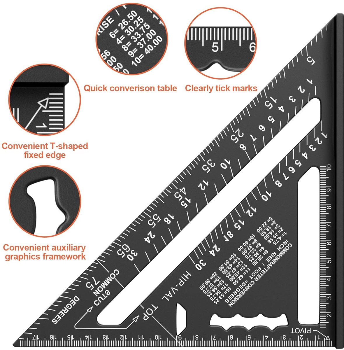 180mm Carpenter's Angle - Aluminum Ruler - Triangular Carpenter's Angle 45/90 Degrees - Carpenter's Square - High Precision Measuring Tool - For Carpenter, Roofer, Engineer - Black