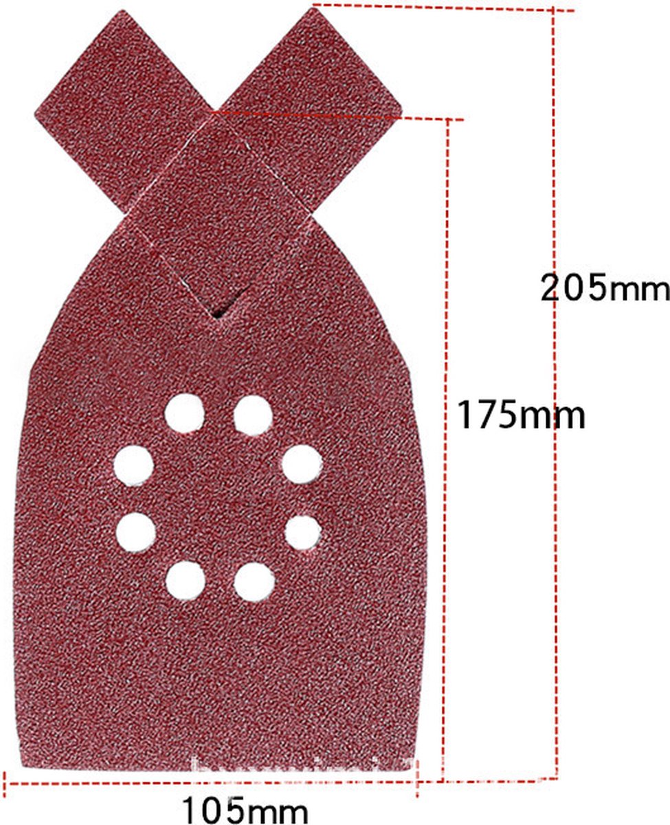 50 pieces - sandpaper - P40/60/80/100/120 grit - grit sandpaper for multi-sander - For wood and metal - 205*175*105MM (205mm at the tip of the ear) - self-adhesive - hook and loop - 8-hole sanding pads - sanders