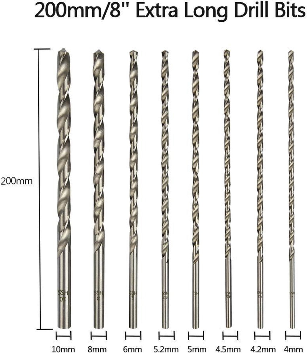 8 pieces twist drills HSS long wood twist drill set - diameters 4 mm 42 mm 45 mm 5 mm 52 mm 6 mm 8 mm 10 mm