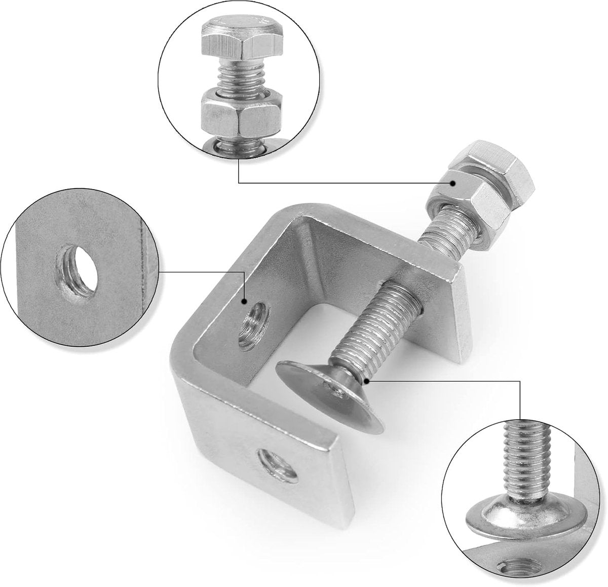 C-Clamps - Pack of 6 - With M8 Hexagon Bolts - Glue Clamps - Adjustable Clamping Range 0-25 mm - For Woodworking and Welding - Stainless Steel - Silver - 2.4*3.2*5.5 cm