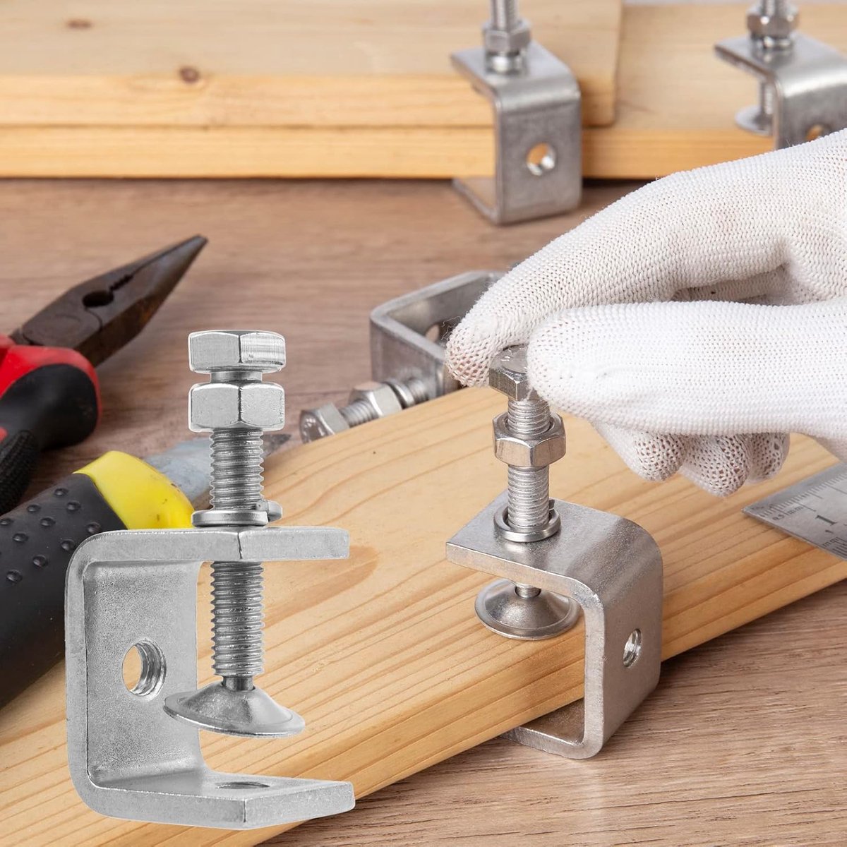 C-Clamps - Pack of 6 - With M8 Hexagon Bolts - Glue Clamps - Adjustable Clamping Range 0-25 mm - For Woodworking and Welding - Stainless Steel - Silver - 2.4*3.2*5.5 cm