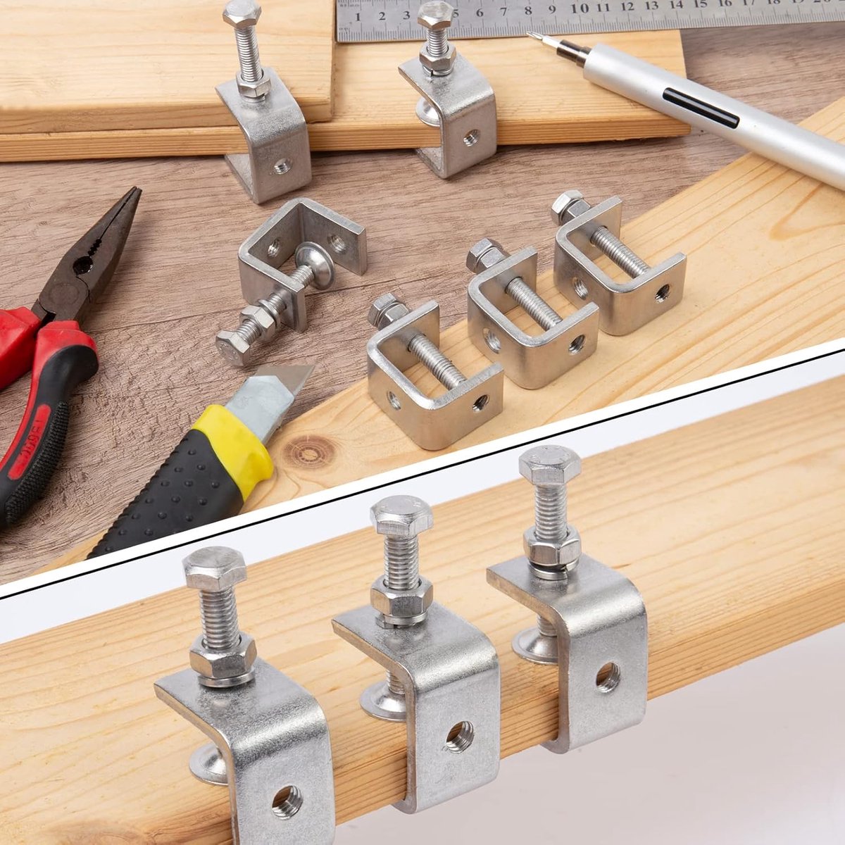 C-Clamps - Pack of 6 - With M8 Hexagon Bolts - Glue Clamps - Adjustable Clamping Range 0-25 mm - For Woodworking and Welding - Stainless Steel - Silver - 2.4*3.2*5.5 cm