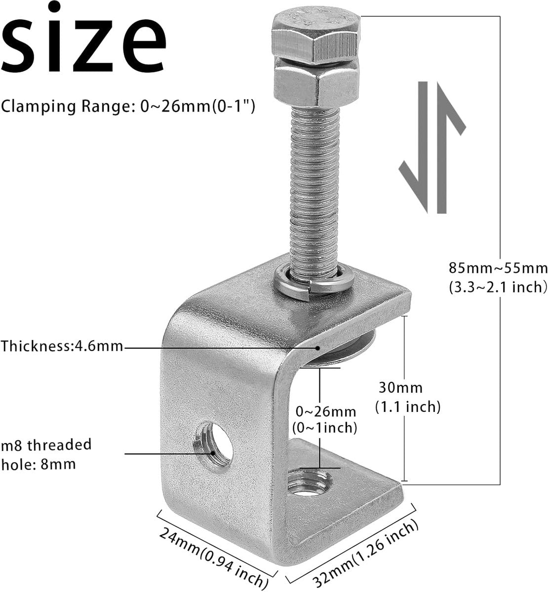 C-Clamps - Pack of 6 - With M8 Hexagon Bolts - Glue Clamps - Adjustable Clamping Range 0-25 mm - For Woodworking and Welding - Stainless Steel - Silver - 2.4*3.2*5.5 cm