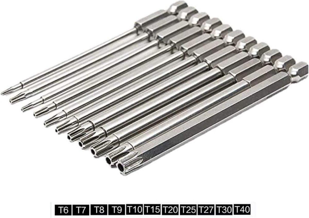 11 pieces - Screwdriver bits - Screwdriver bit set - Long Torx screwdriver set - Hollow Torx bit set - S2 steel - with security head - hexagon shaft - 100mm - T6 T7 T8 T9 T10 T15 T20 T25 T27 T30 T40