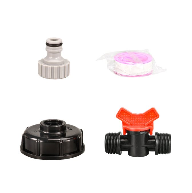 Accessories for 1000L IBC tanks: Adapter cap + 4-point butterfly faucet + black nipple