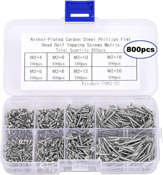 800pcs Small M2 Self Tapping Screws Assortment Box, Countersunk Phillips Flat Head