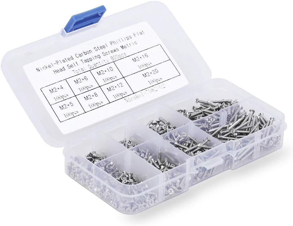 800pcs Small M2 Self Tapping Screws Assortment Box, Countersunk Phillips Flat Head