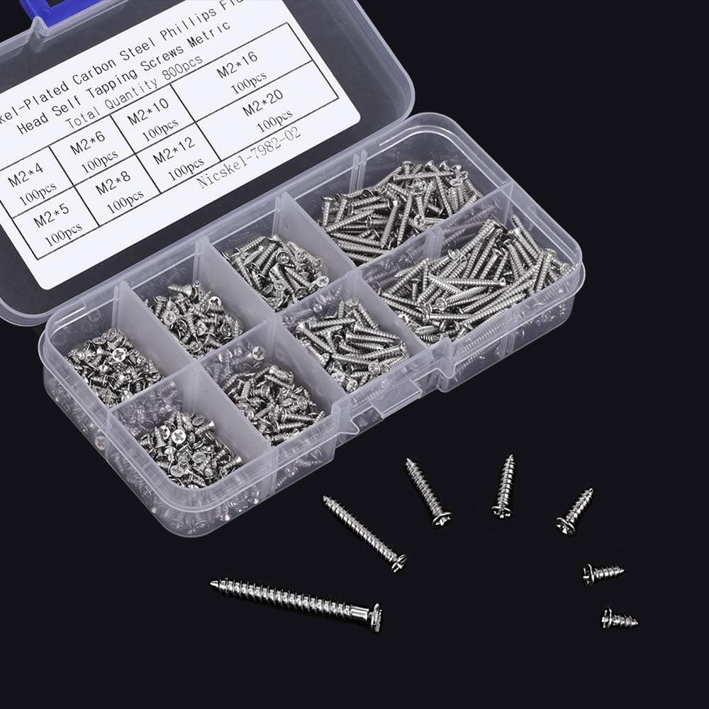 800pcs Small M2 Self Tapping Screws Assortment Box, Countersunk Phillips Flat Head