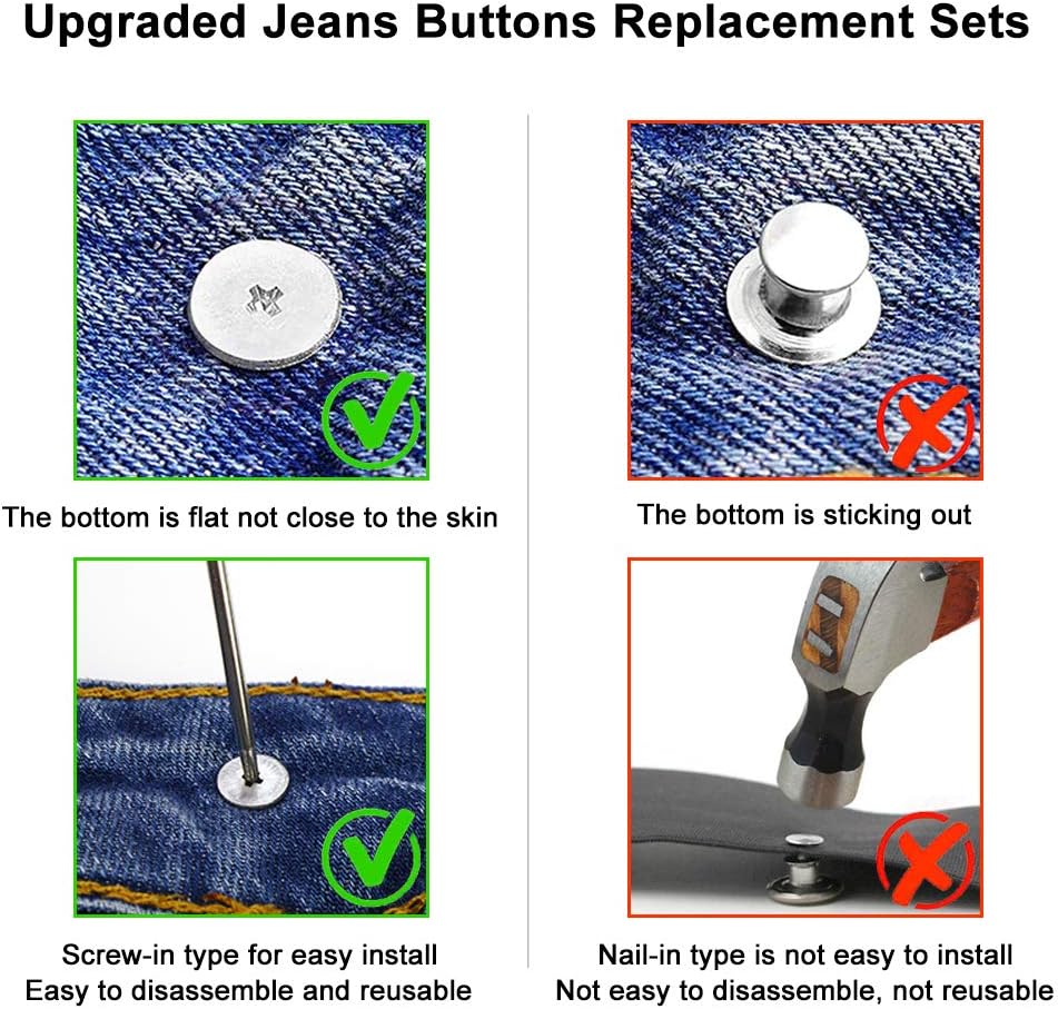 15 Sets Replacement Jeans Buttons, 17mm No-Sew Nailess Removable
