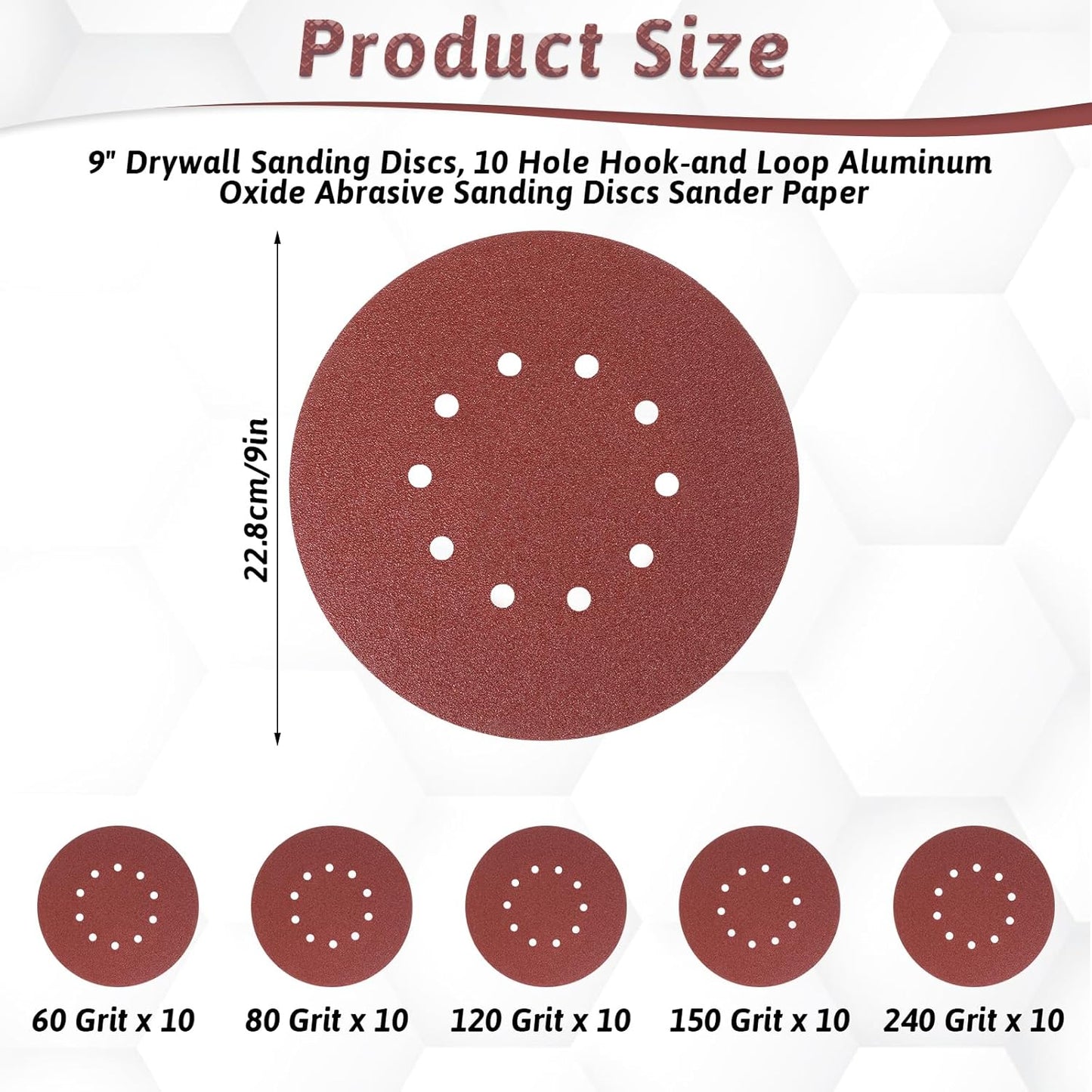 50 Pcs 9-Inch 10-Hole Drywall Sanding Discs Set