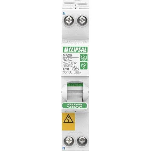 Clipsal Max9 RCBO 20A 30mA 240VAC 50/60Hz 6000A 1P + N Type A Slim | MX9R3120