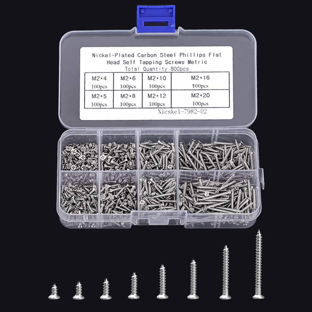 800pcs Small M2 Self Tapping Screws Assortment Box, Countersunk Phillips