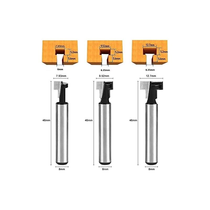 8mm T-slot Router Bit, T-Shaped Router Bits, 3pcs (7.93/9.52/12.7mm) Shank