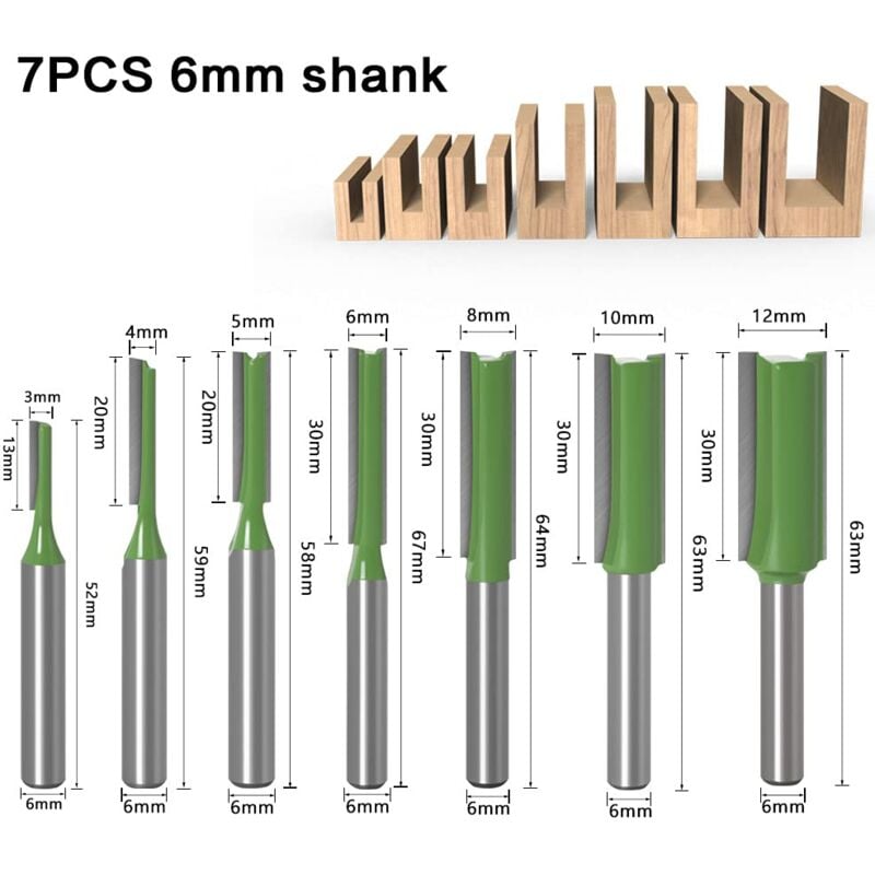 6mm Straight Router Bit Set, 7 Pieces Woodworking Carbide Straight Groove