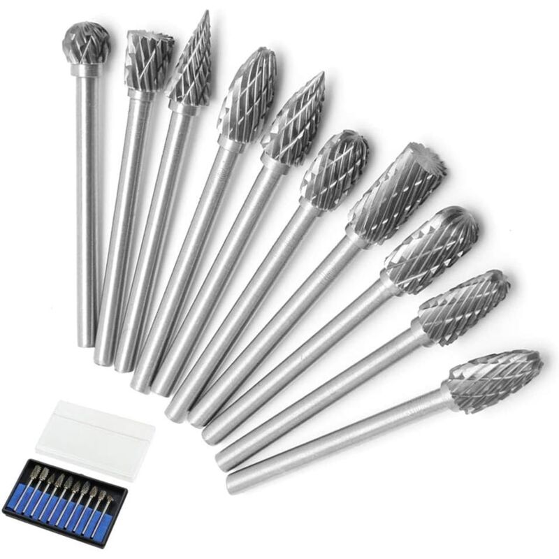 10pcs Double Cut Tungsten Steel Rotary Files with 3mm Shank,