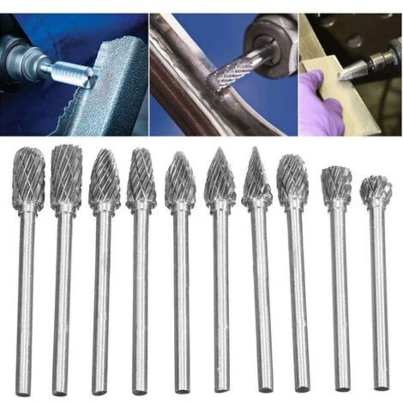10pcs Double Cut Tungsten Steel Rotary Files with 3mm Shank,